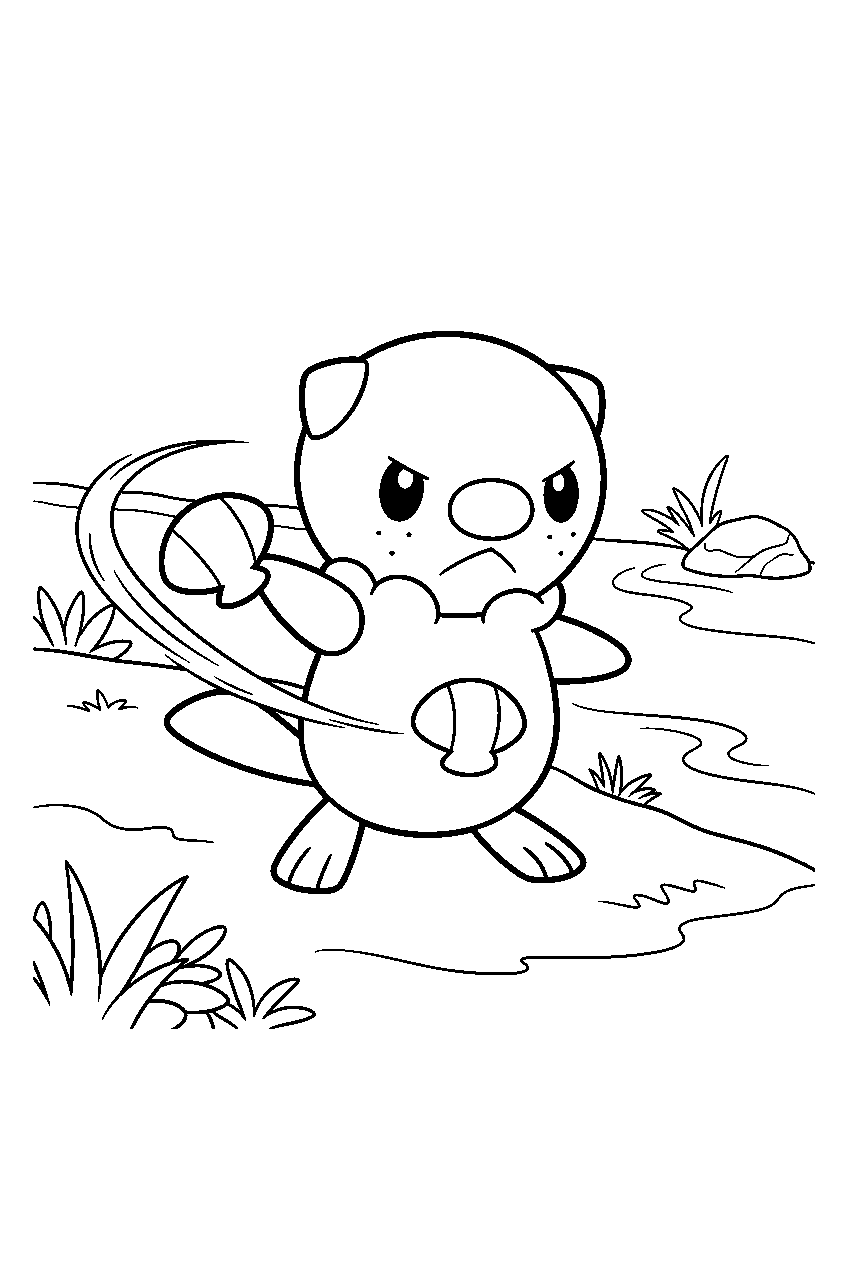 oshawott practicing a shell attack beside a riverbank line art