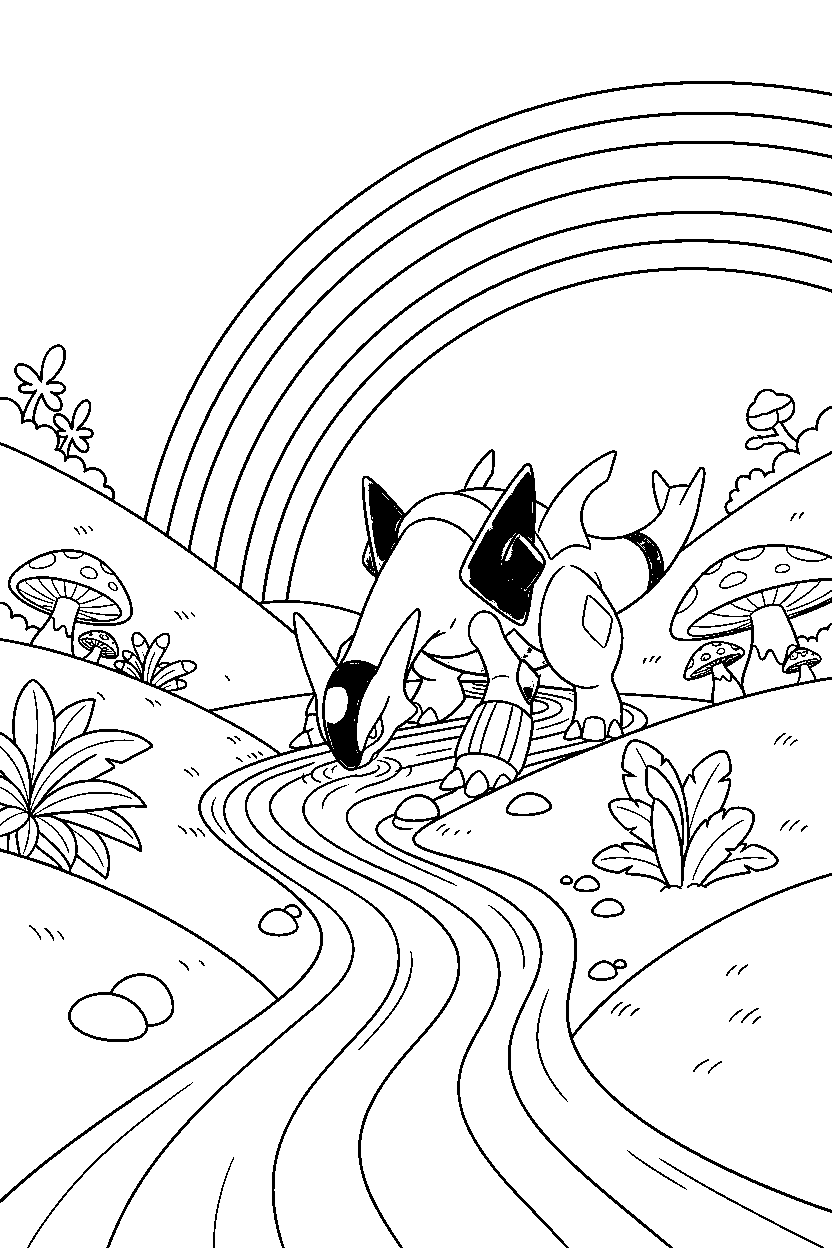 palkia pokemon drinking water in a rainbow valley line art