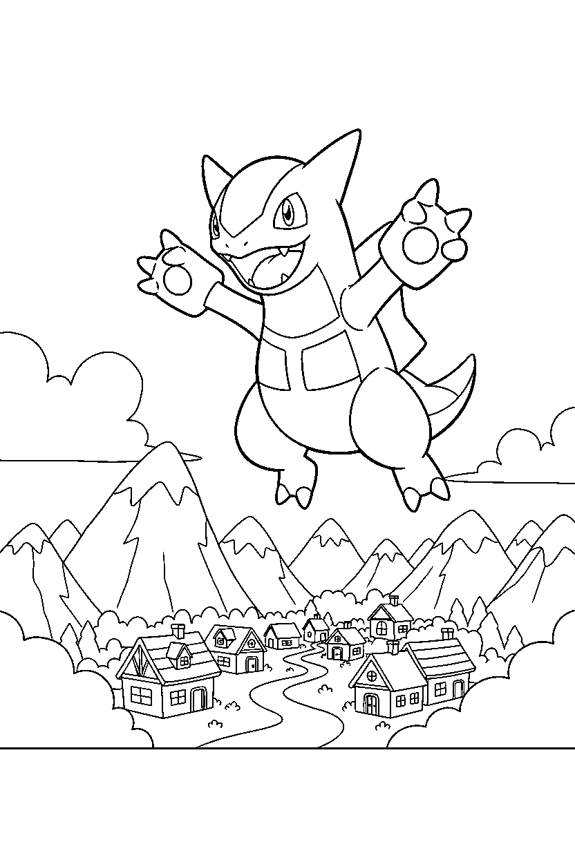 palkia pokemon jumping happily in a mountain village line art
