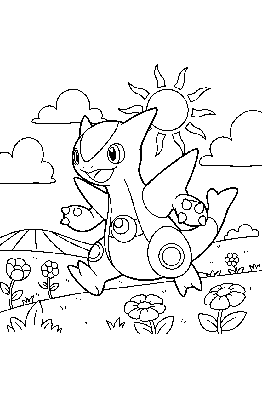 palkia pokemon running happily in a sunny countryside line art