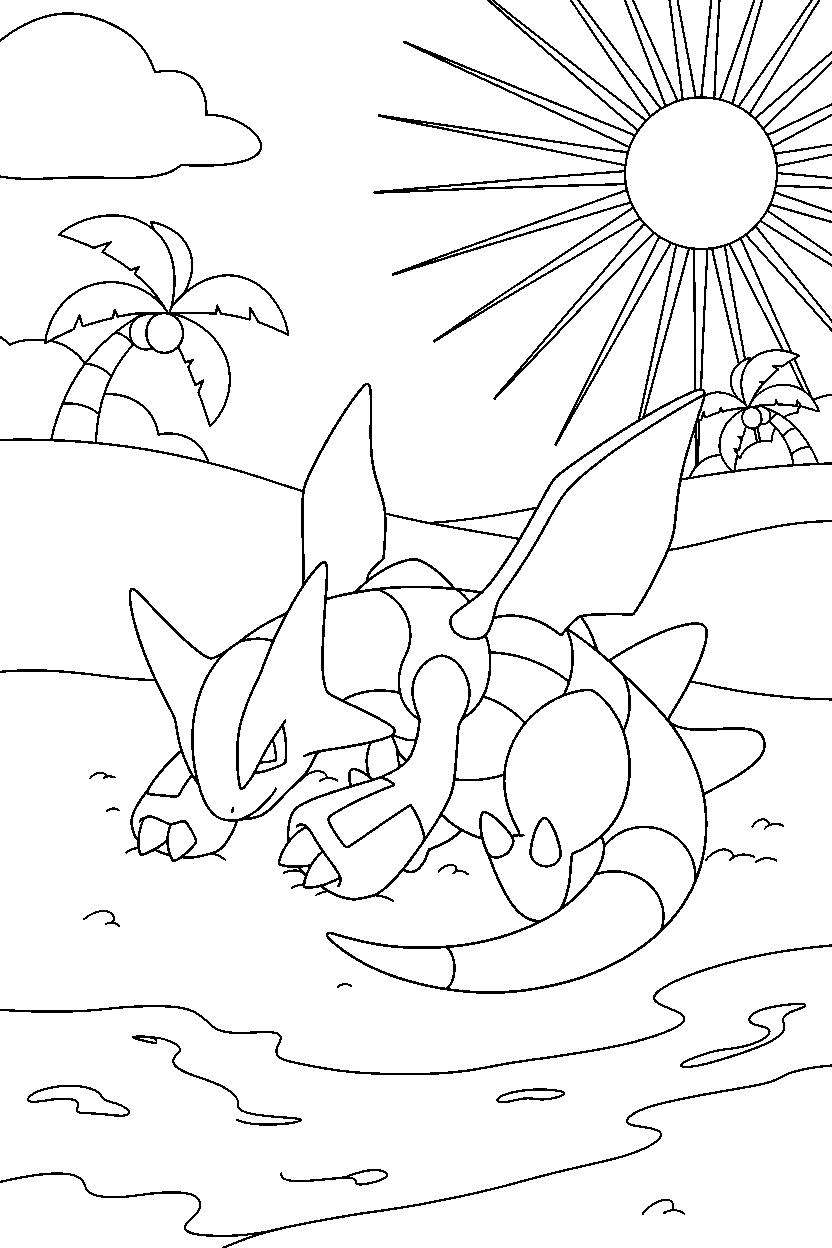 palkia pokemon sleeping peacefully on a sunny beach line art