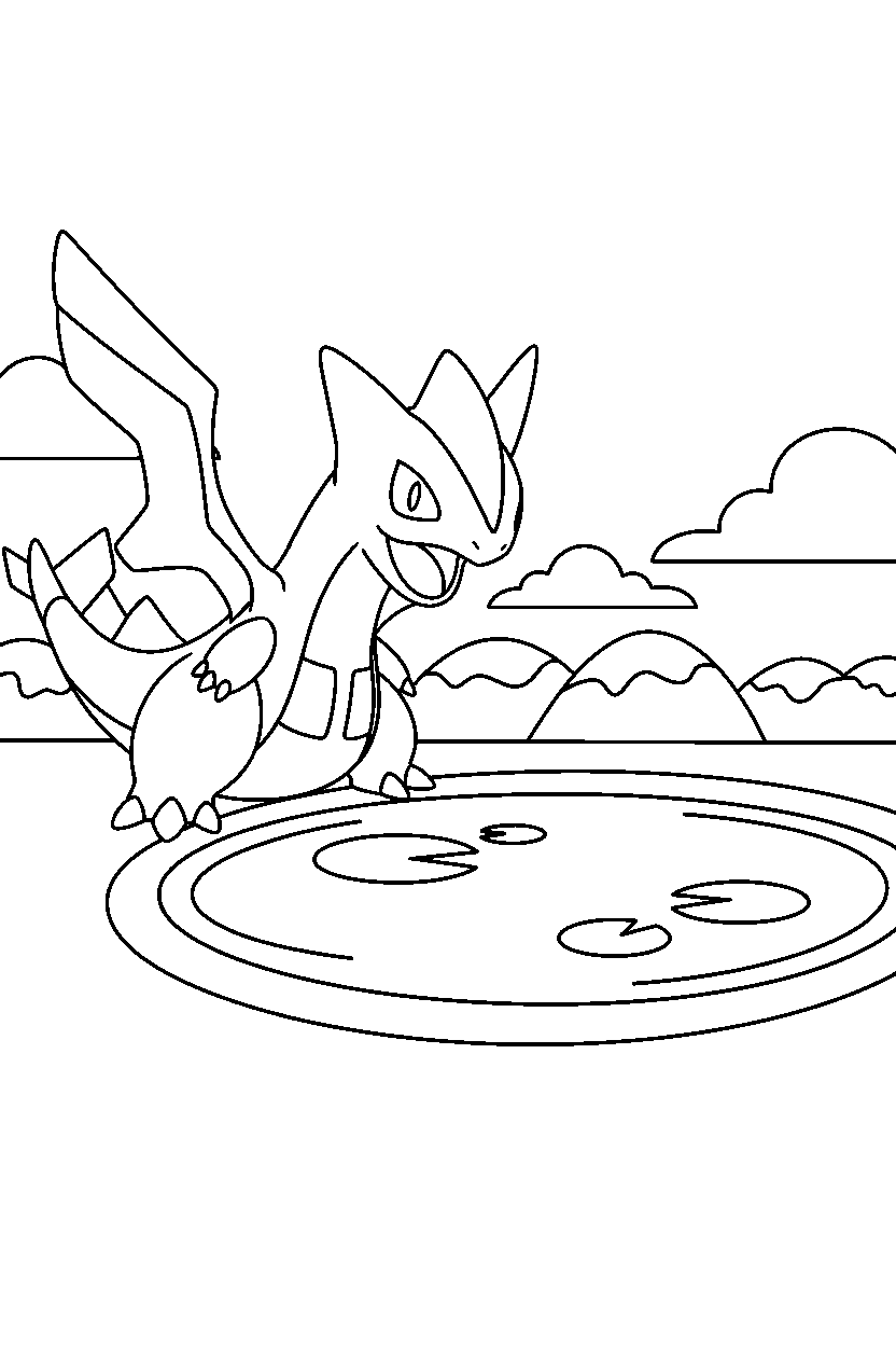 palkia pokemon smiling happily near a peaceful pond line art