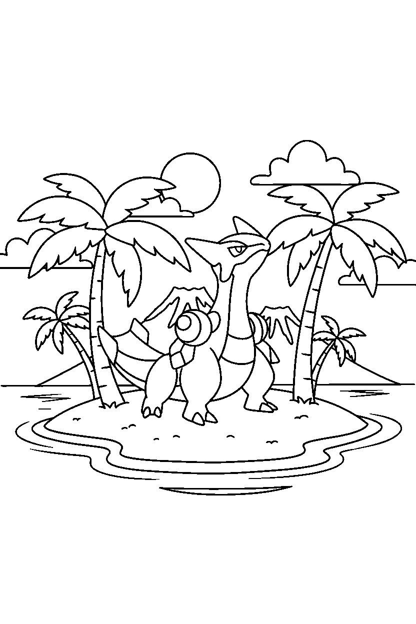 palkia pokemon sniffing the air on a tropical island line art