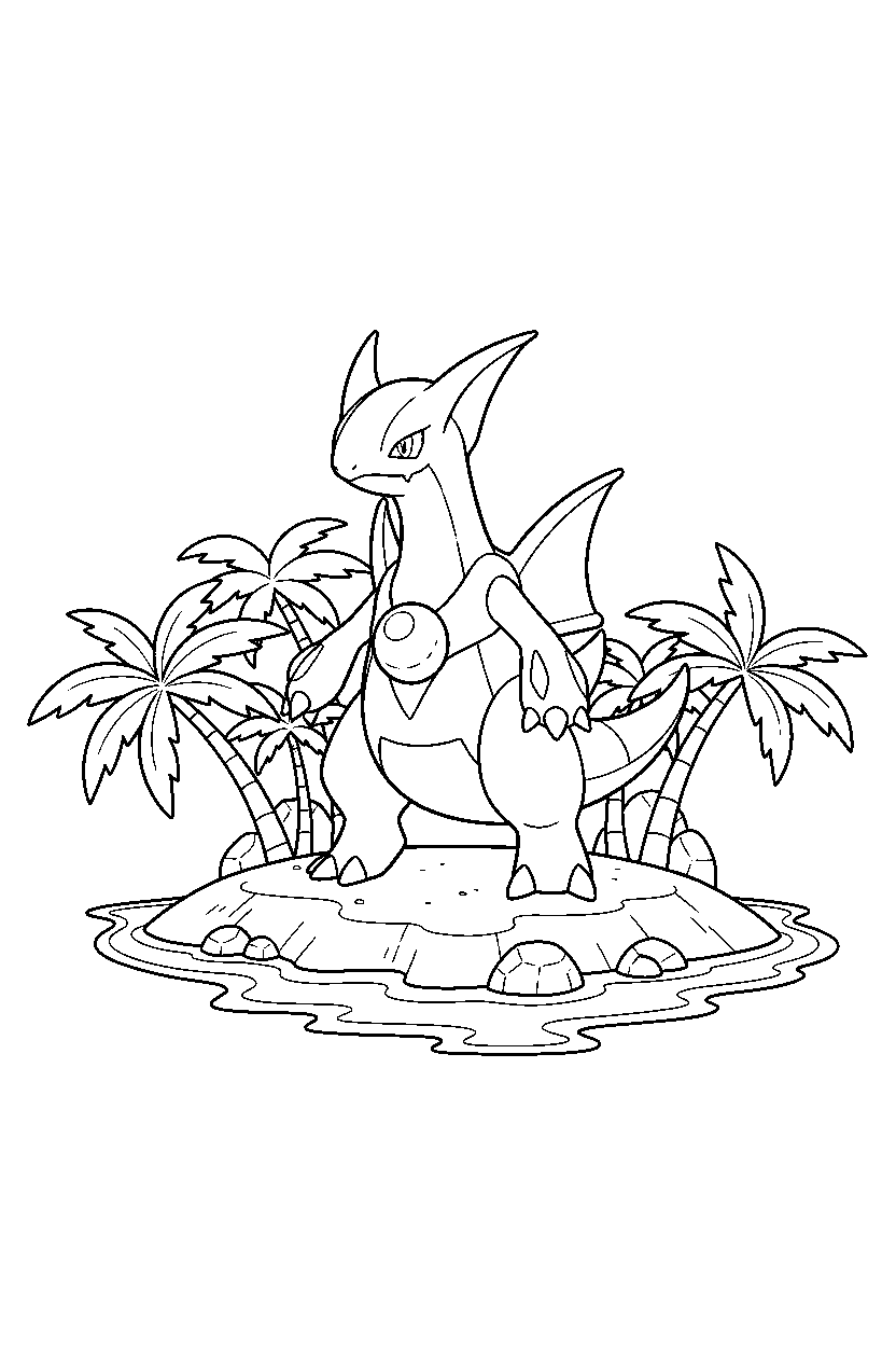 palkia pokemon standing proudly on a tropical island line art