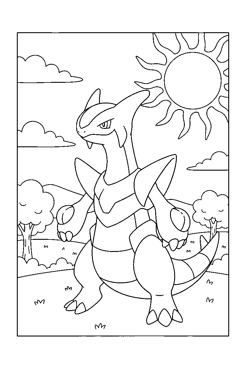 palkia pokemon walking proudly in a sunny countryside line art
