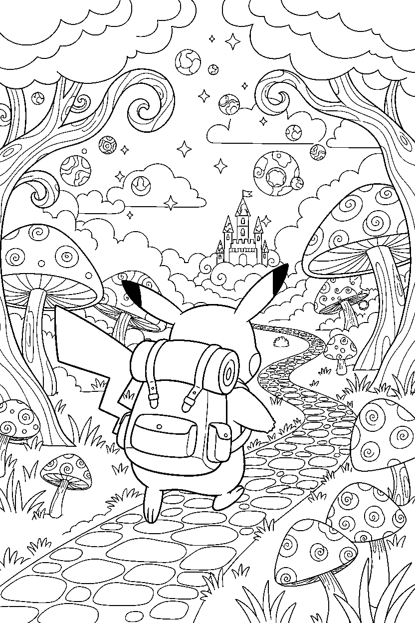 pikachu pokemon carrying a backpack in a magical landscape line art