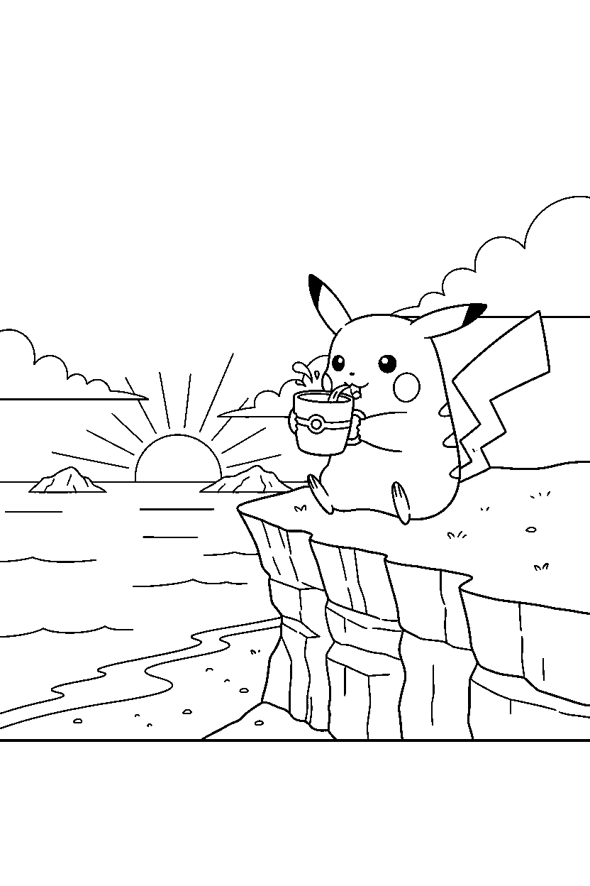 pikachu pokemon drinking water near a seaside cliff line art