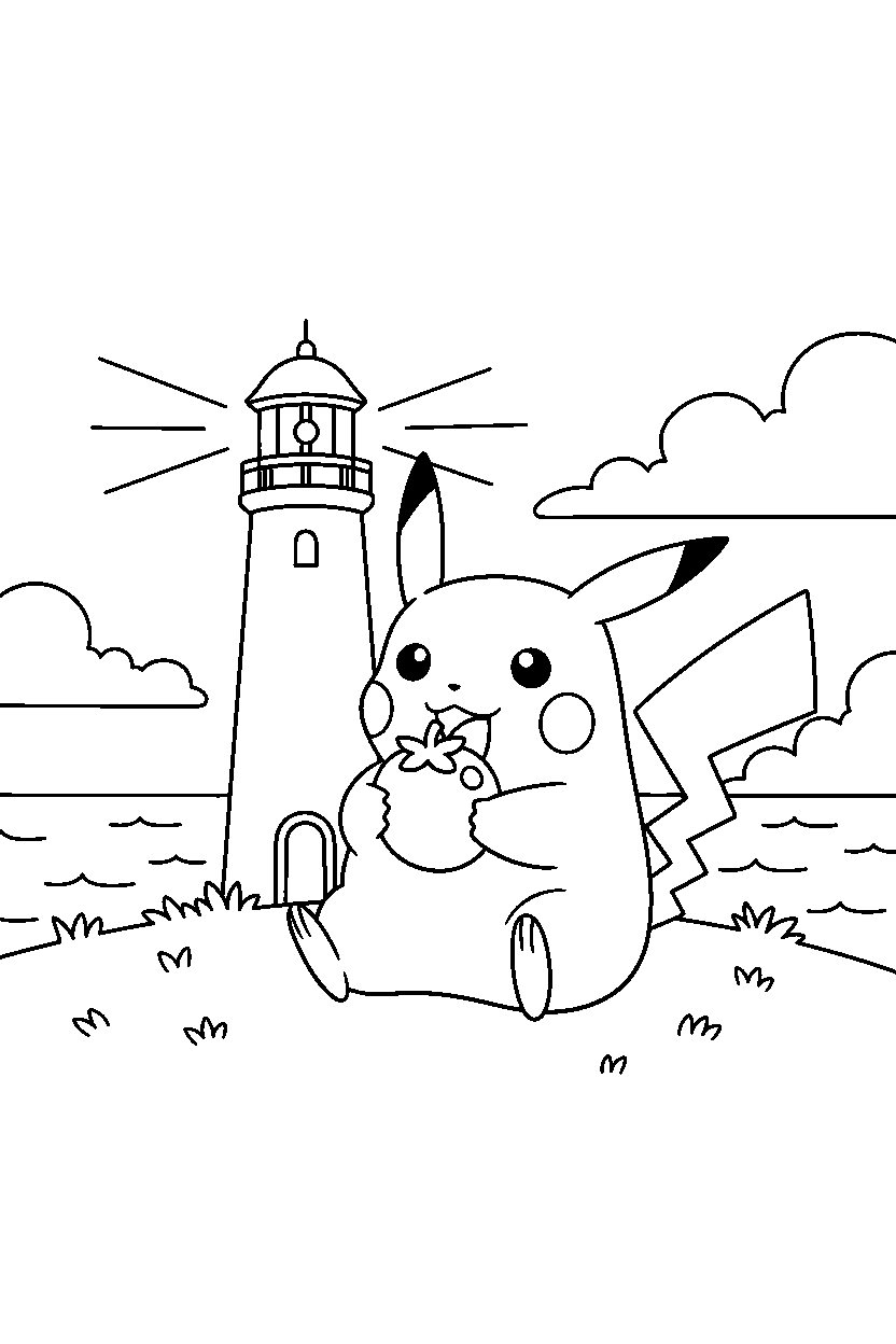 pikachu pokemon eating a snack near a lighthouse line art