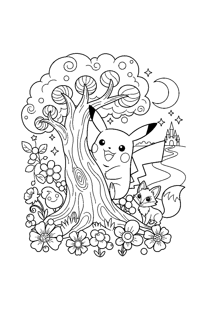 pikachu pokemon hiding playfully in a magic forest line art