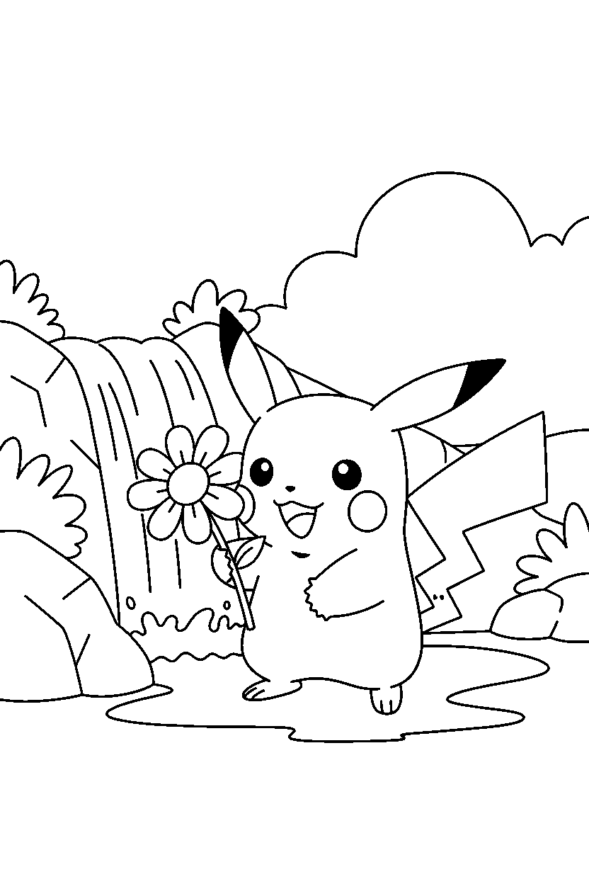 pikachu pokemon holding a flower near a waterfall line art