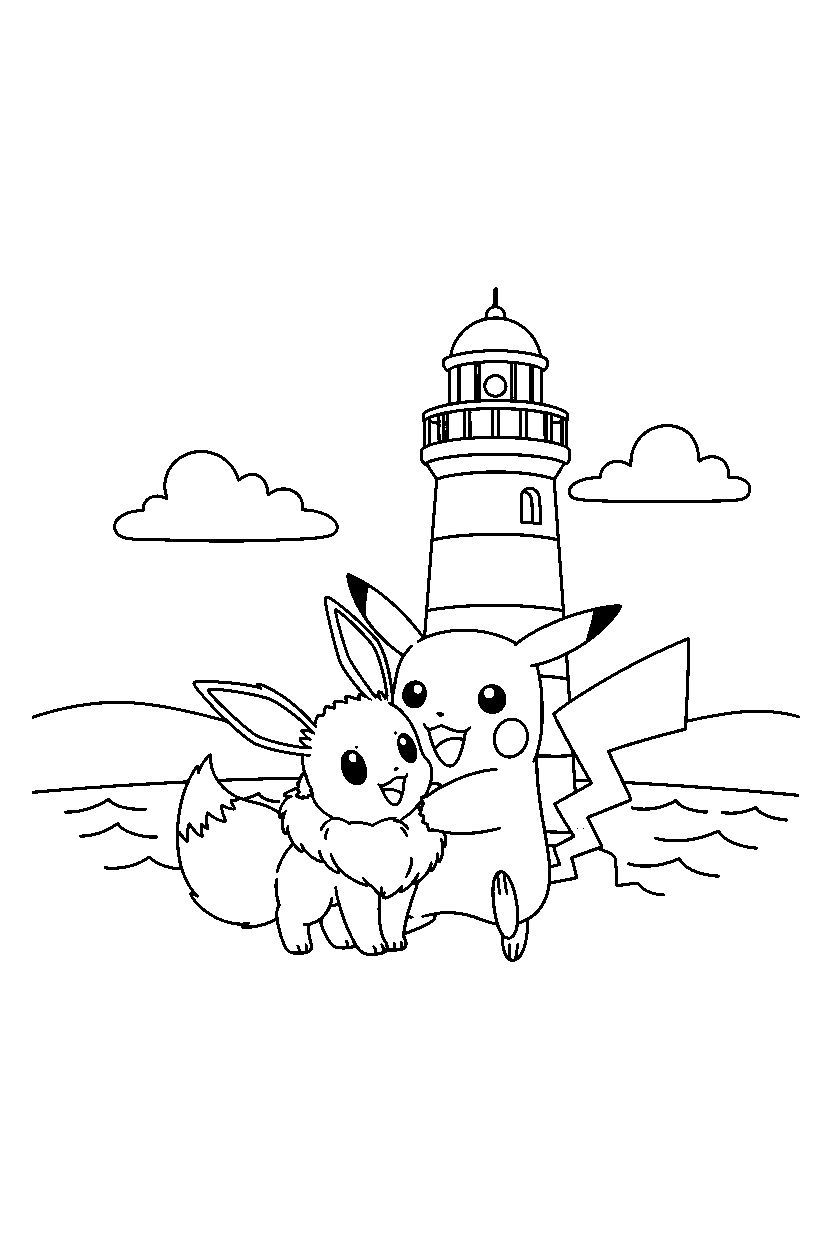 pikachu pokemon hugging a friend near a lighthouse line art