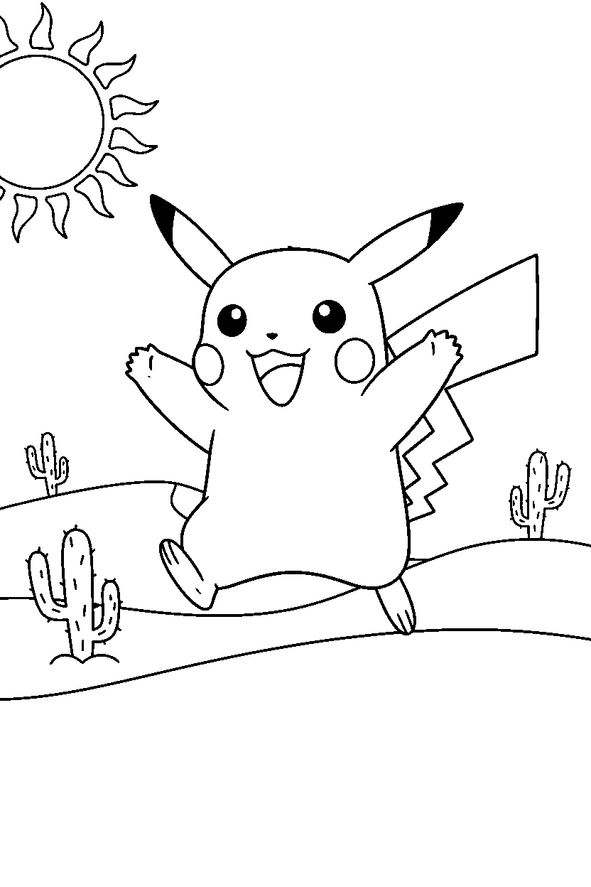 pikachu pokemon jumping happily in a desert line art