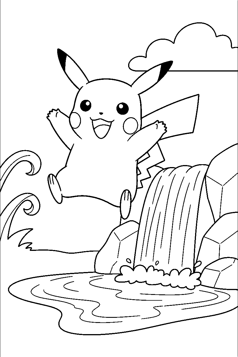 pikachu pokemon jumping happily near a waterfall line art