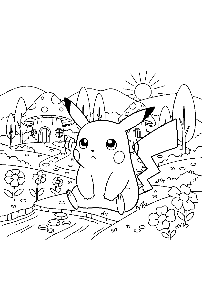 pikachu pokemon listening carefully in a peaceful village line art