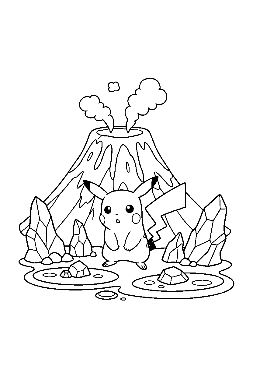 pikachu pokemon looking around in a volcano area line art