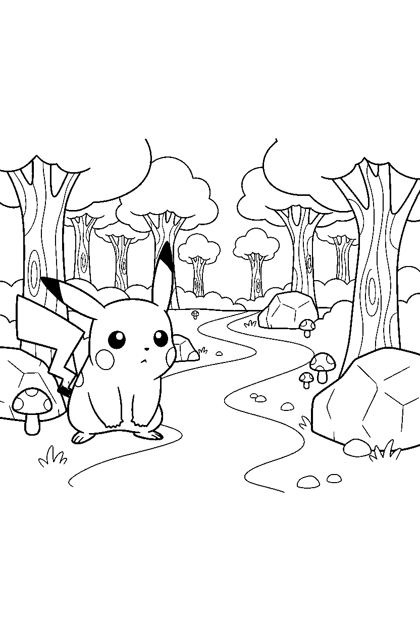 pikachu pokemon looking curious near a forest path line art