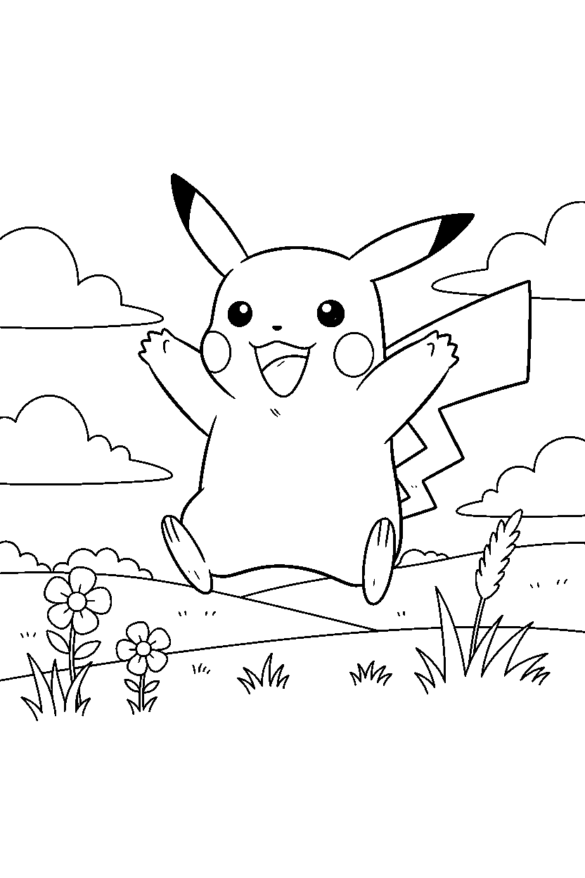 pikachu pokemon looking excited in a countryside field line art