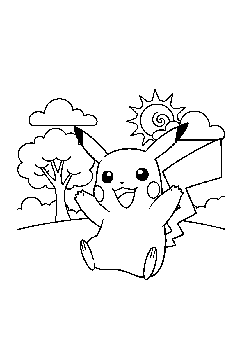 pikachu pokemon looking excited in a sunny countryside line art