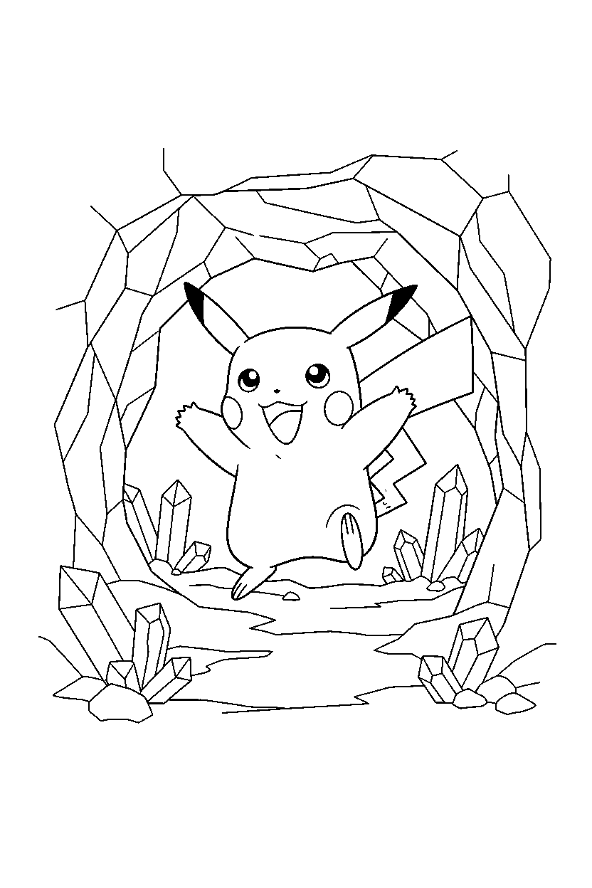 pikachu pokemon looking excited inside a crystal cave line art