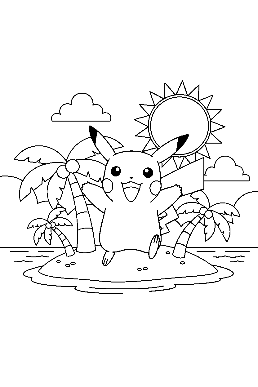 pikachu pokemon looking excited on a tropical island line art