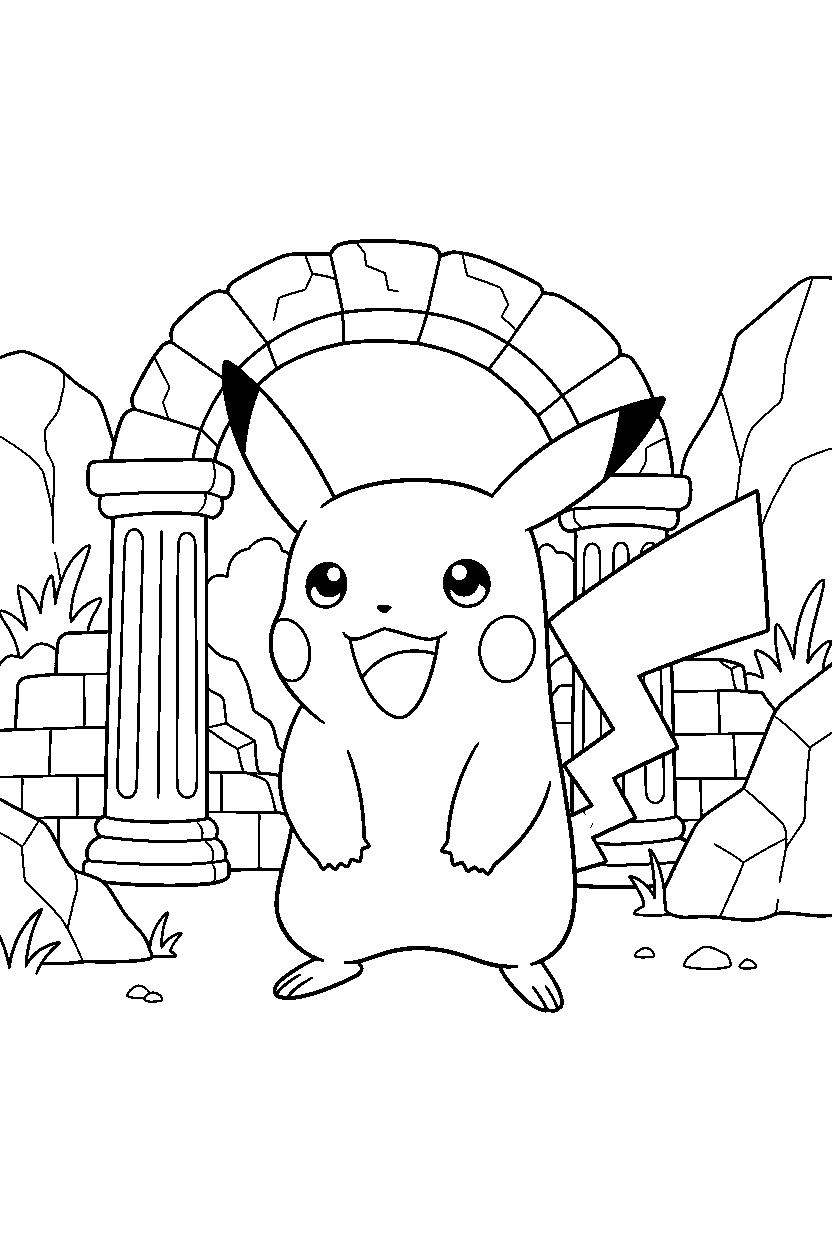 pikachu pokemon looking happy near ancient ruins line art