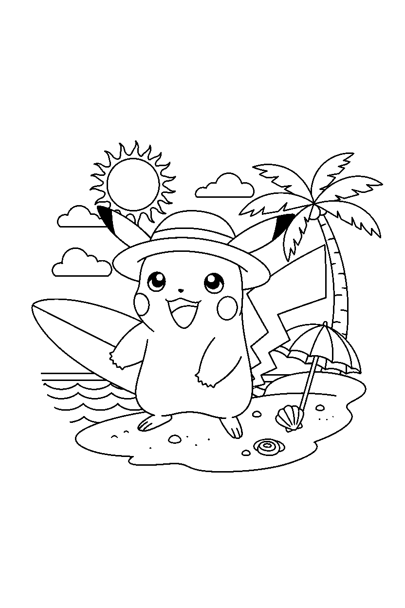 pikachu pokemon looking happy on a sunny beach line art