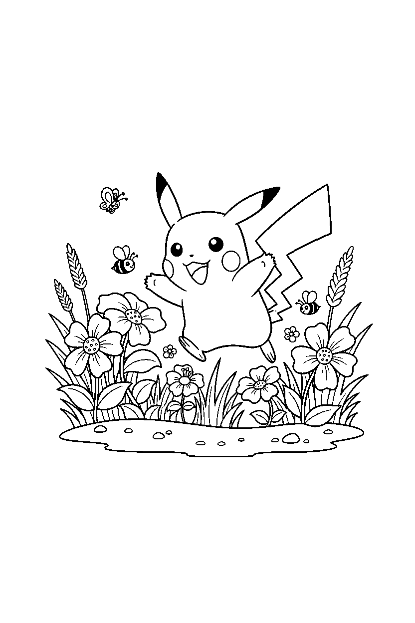 pikachu pokemon playing happily in a flower garden line art