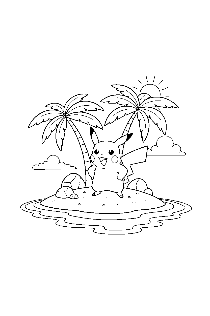 pikachu pokemon posing proudly on a tropical island line art