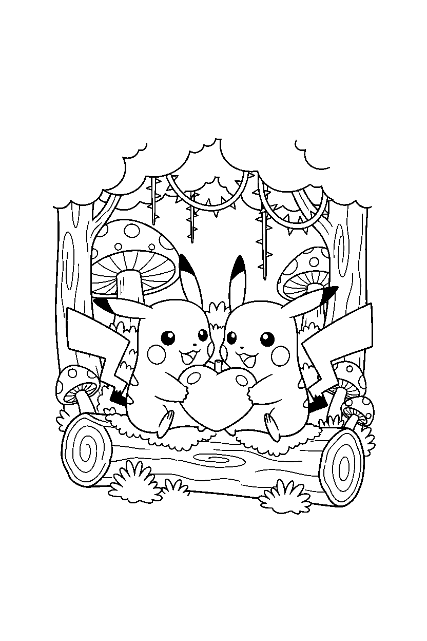 pikachu pokemon sharing a snack in a hidden forest line art