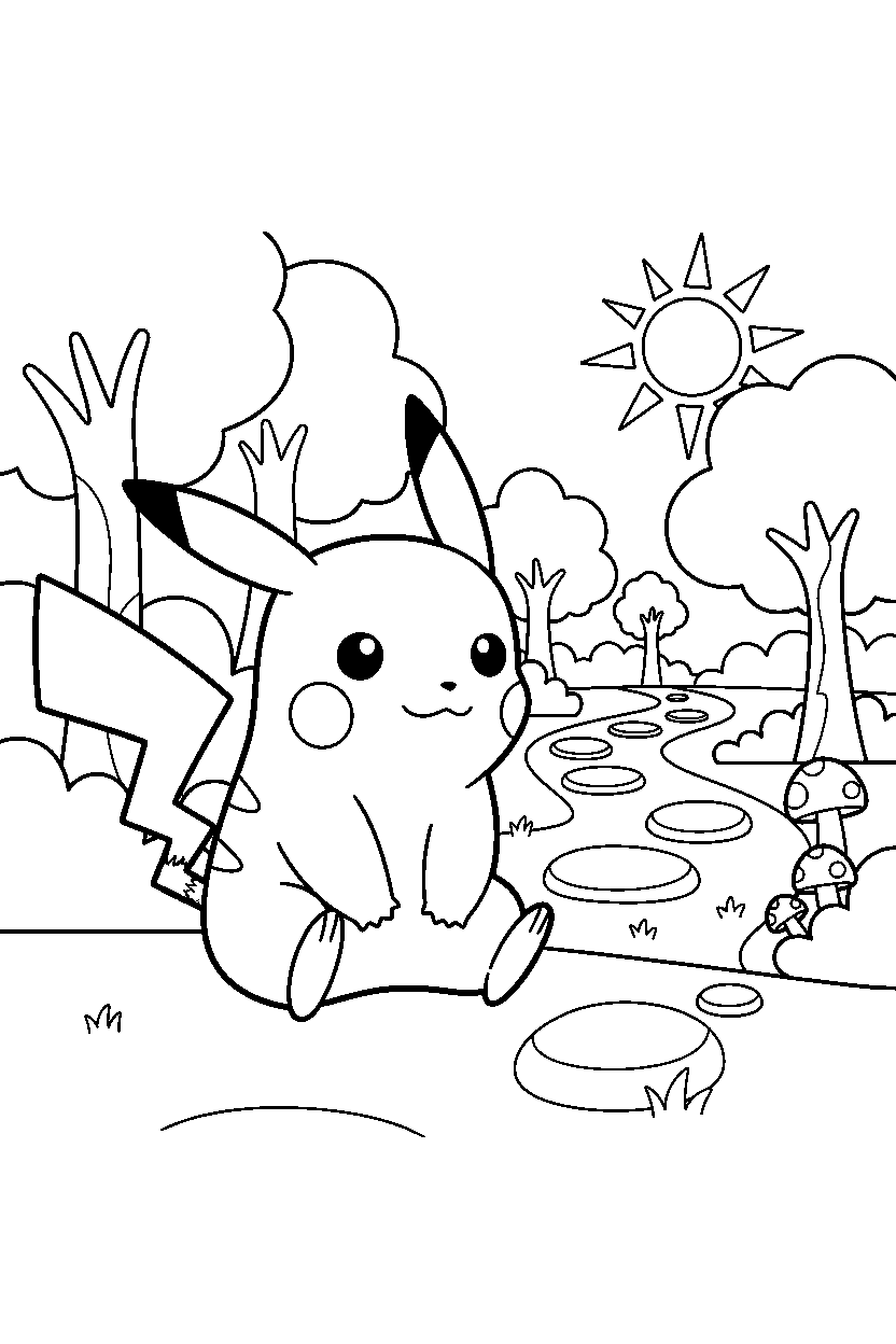 pikachu pokemon sitting peacefully near a forest path line art