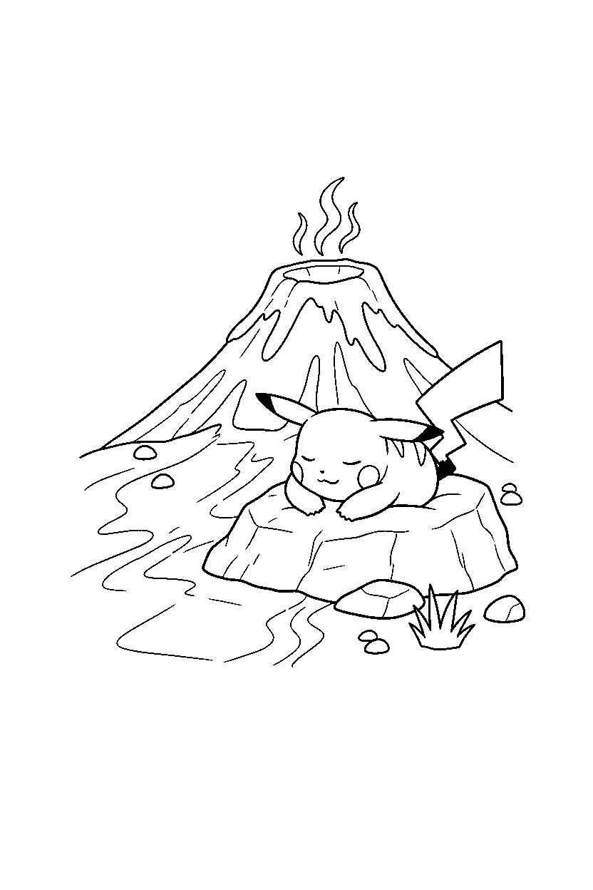 pikachu pokemon sleeping peacefully in a volcano area line art