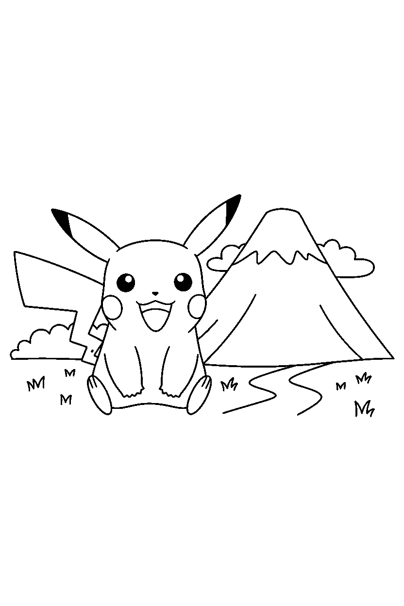 pikachu pokemon smiling happily near a mountain line art