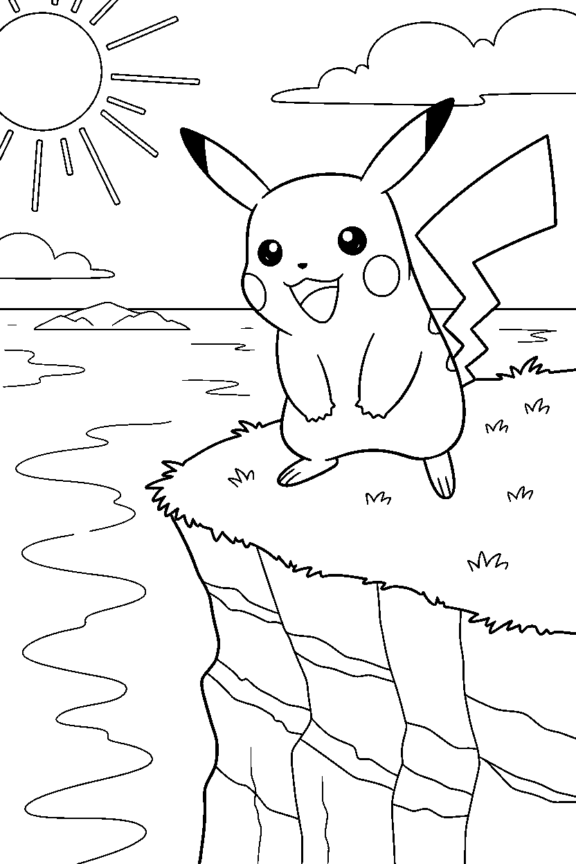 pikachu pokemon smiling happily near a seaside cliff line art