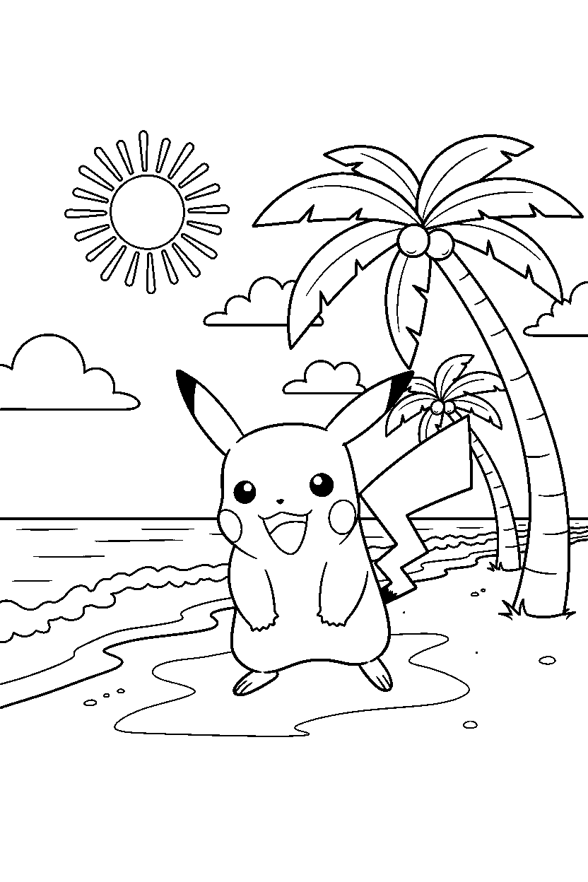 pikachu pokemon smiling happily on a sunny beach line art