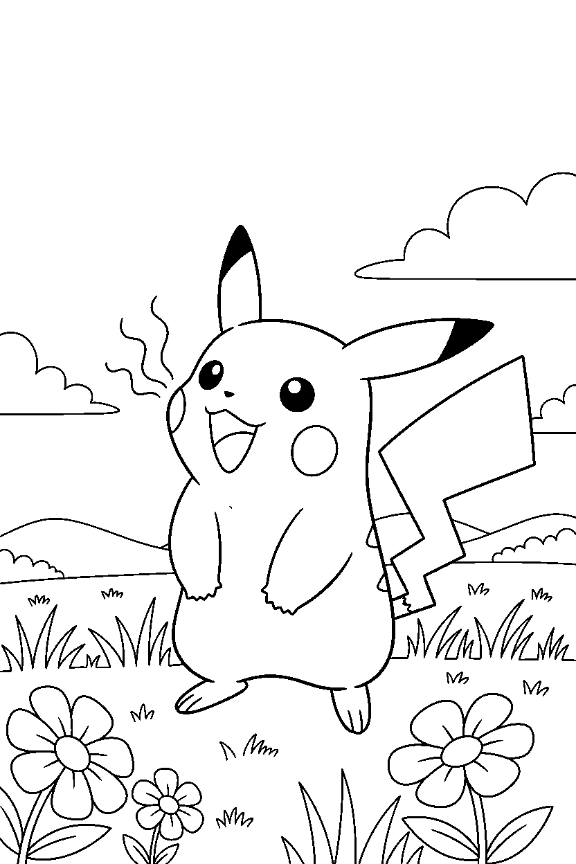 pikachu pokemon sniffing the air in a countryside field line art