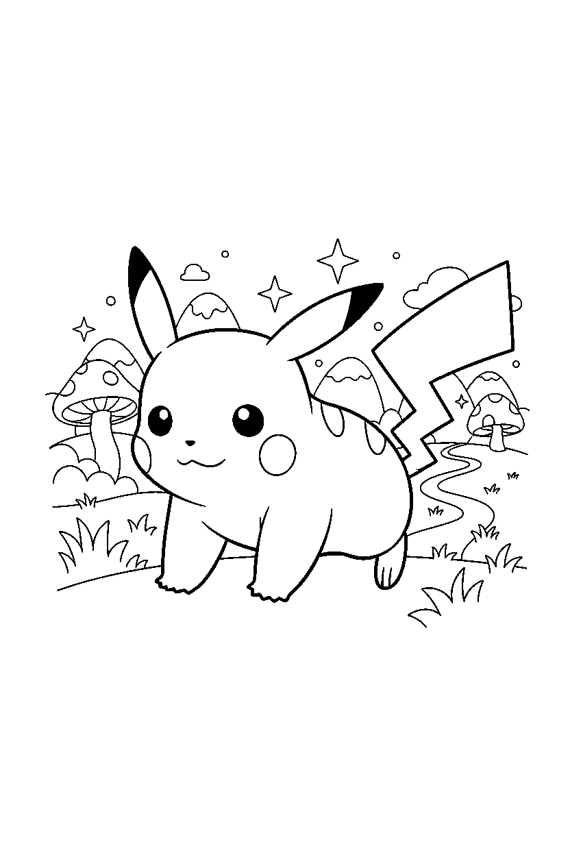 pikachu pokemon walking gently in a magical valley line art