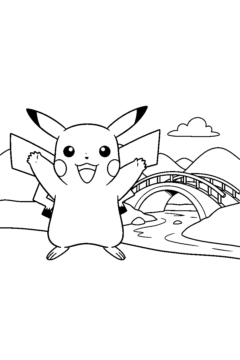 pikachu pokemon waving happily near a bridge line art
