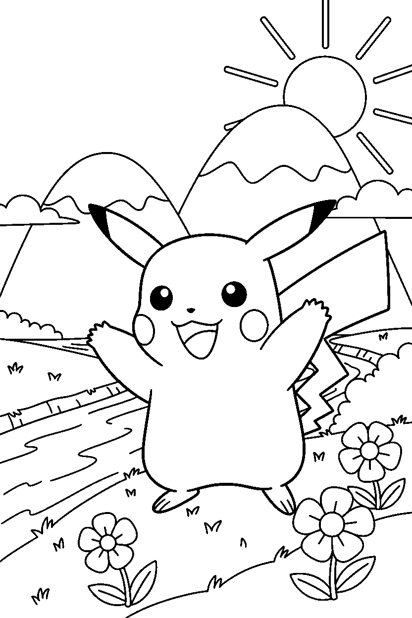 pikachu pokemon waving happily near a river line art