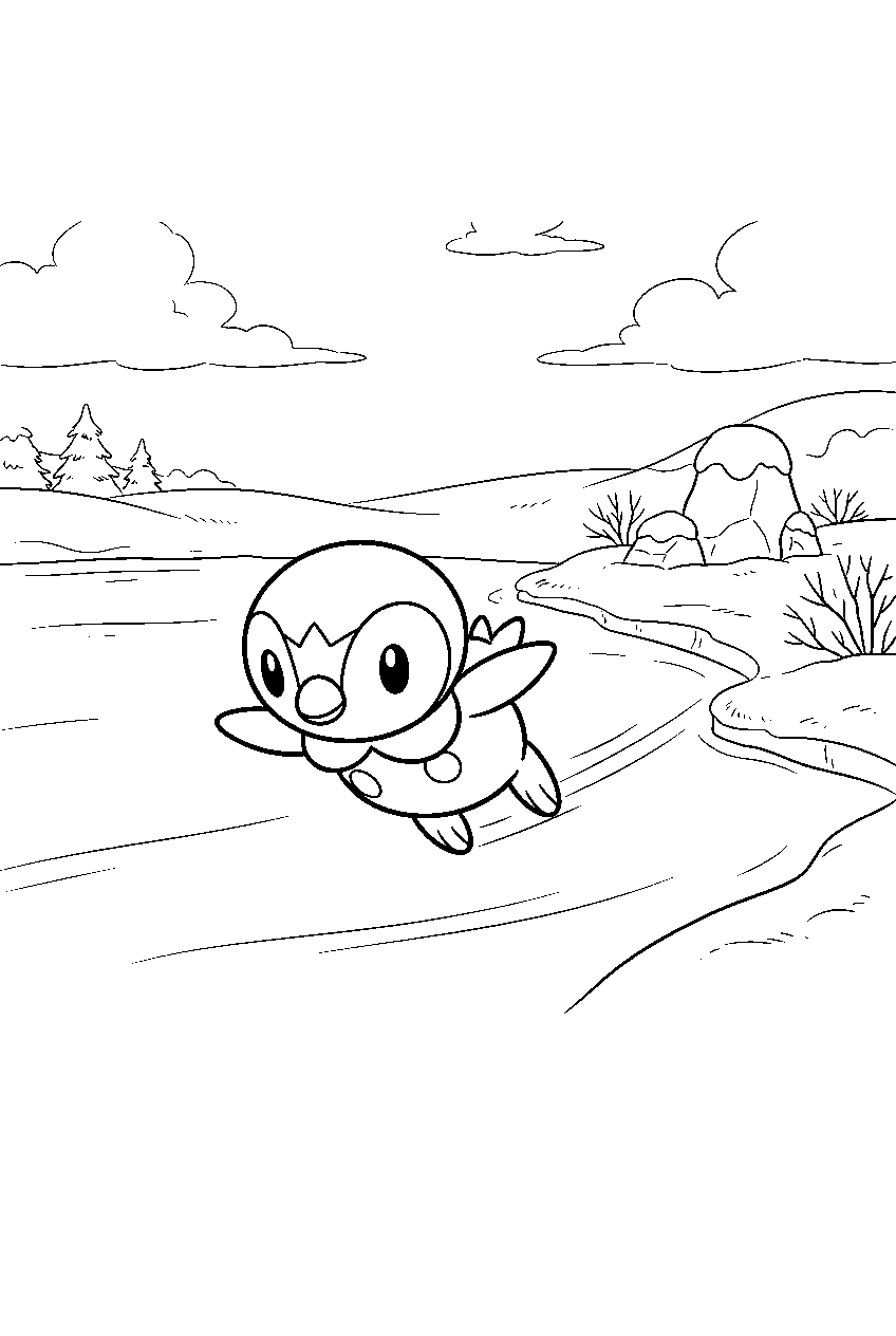 piplup sliding across ice beside a snowy shore line art