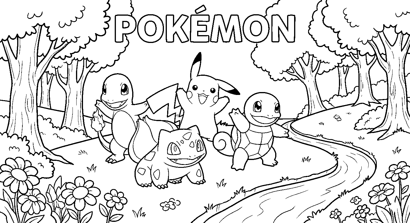 pokemon line art pikachu bulbasaur charmander squirtle