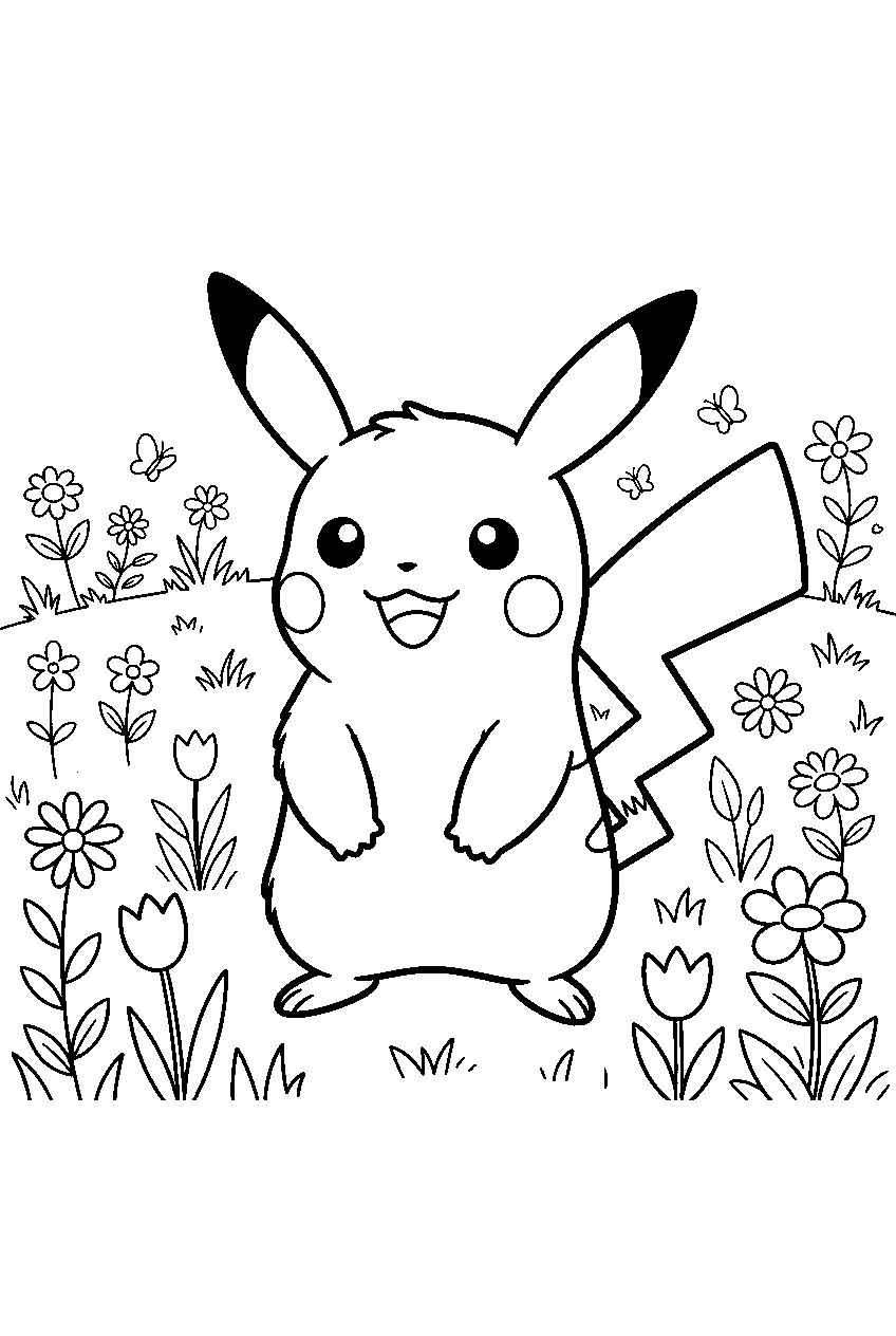 pokemon in flower meadow line art