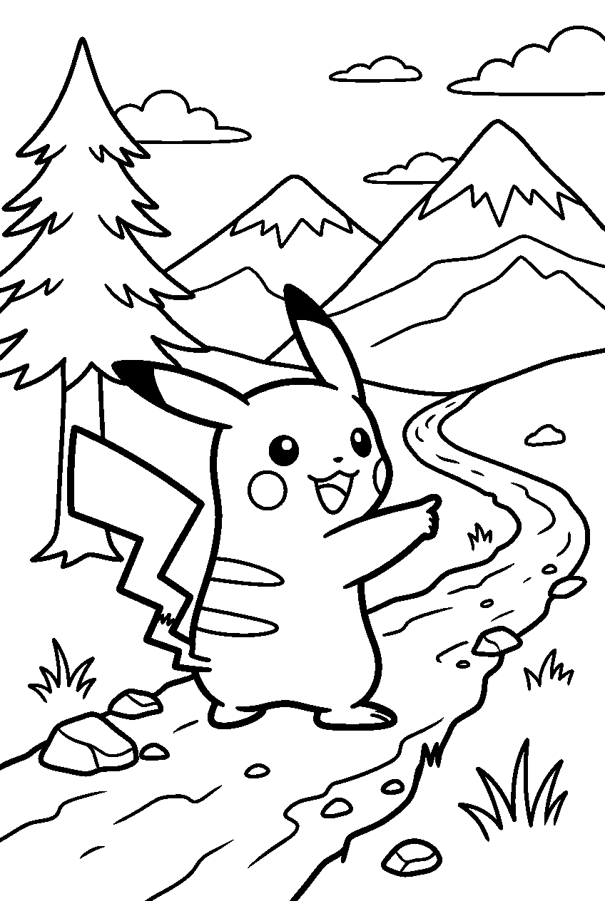 pokemon pointing in mountain trail line art