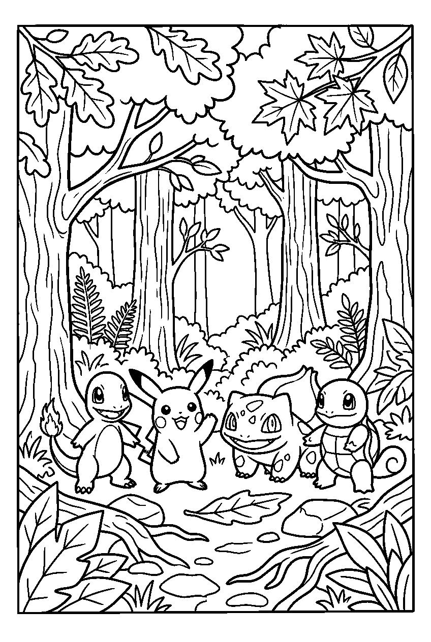 pokemon standing in deep forest line art