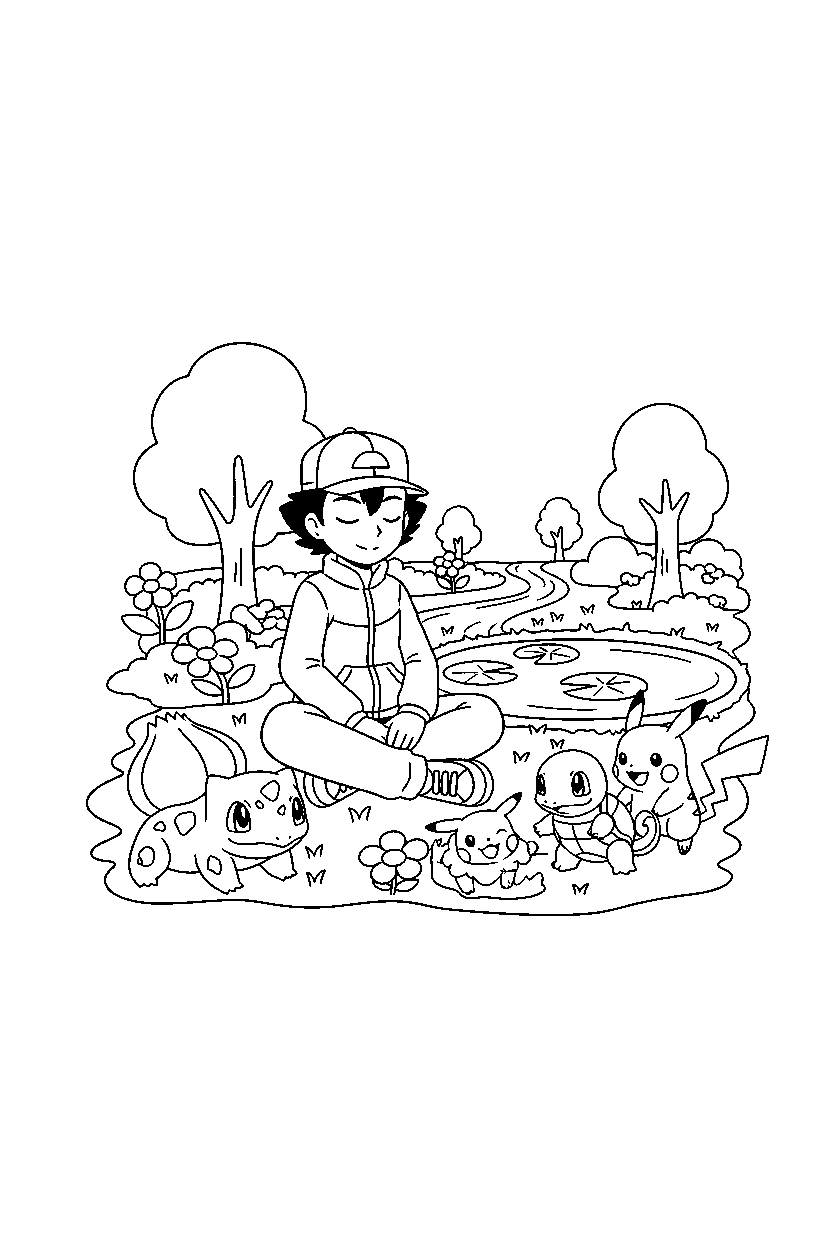 pokemon trainer sitting peacefully in a pokemon park line art