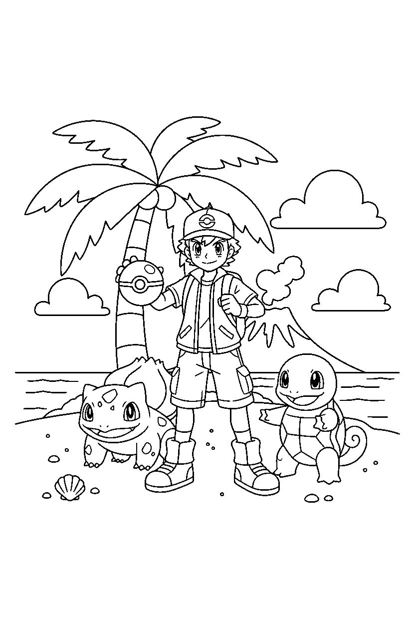 pokemon trainer standing bravely on a tropical island line art