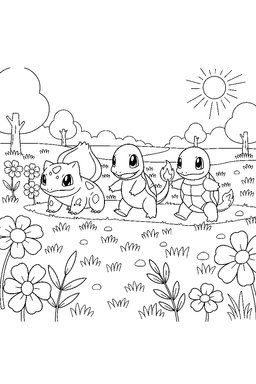 pokemon walking in meadow line art
