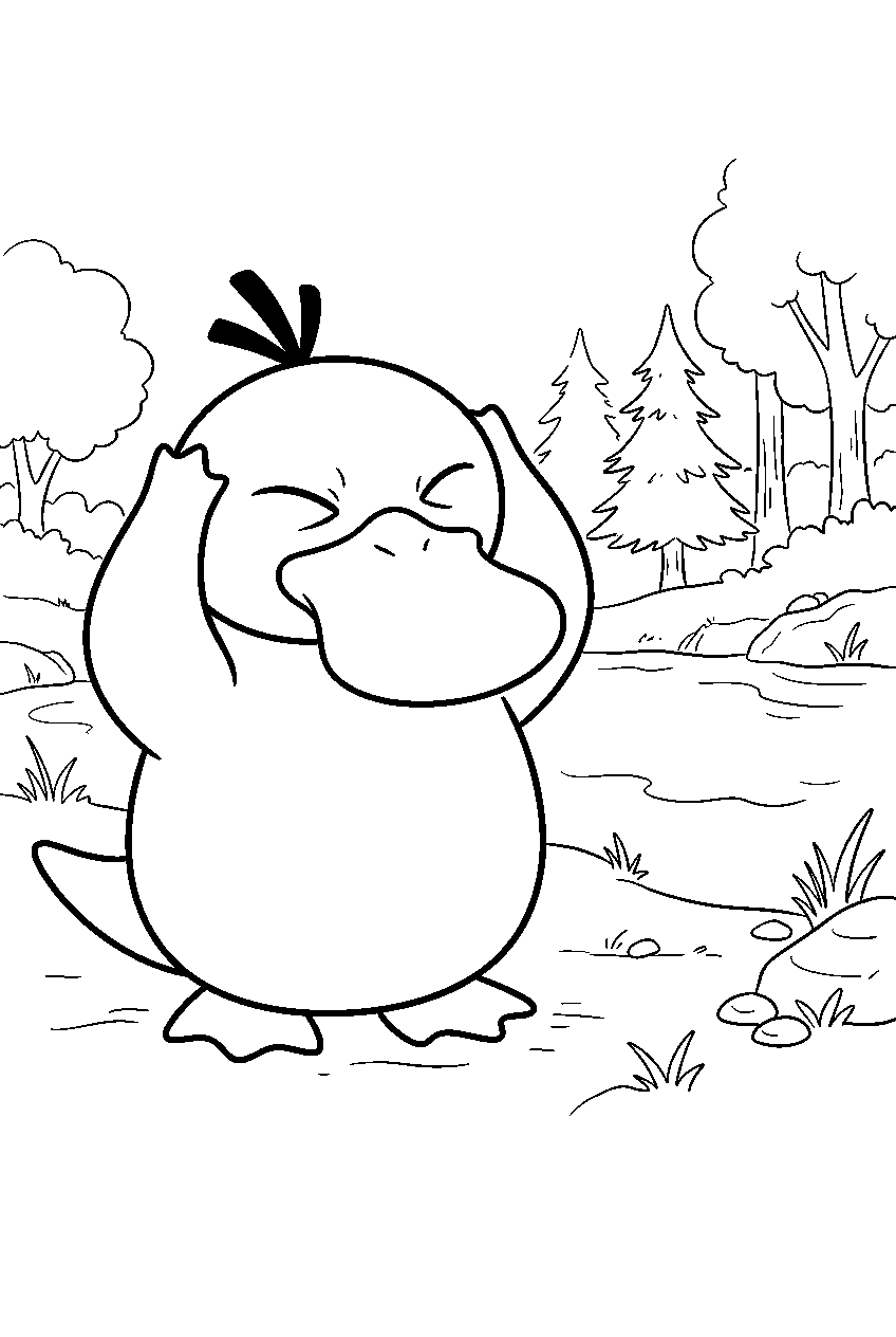 psyduck holding its head beside a quiet forest pond line art
