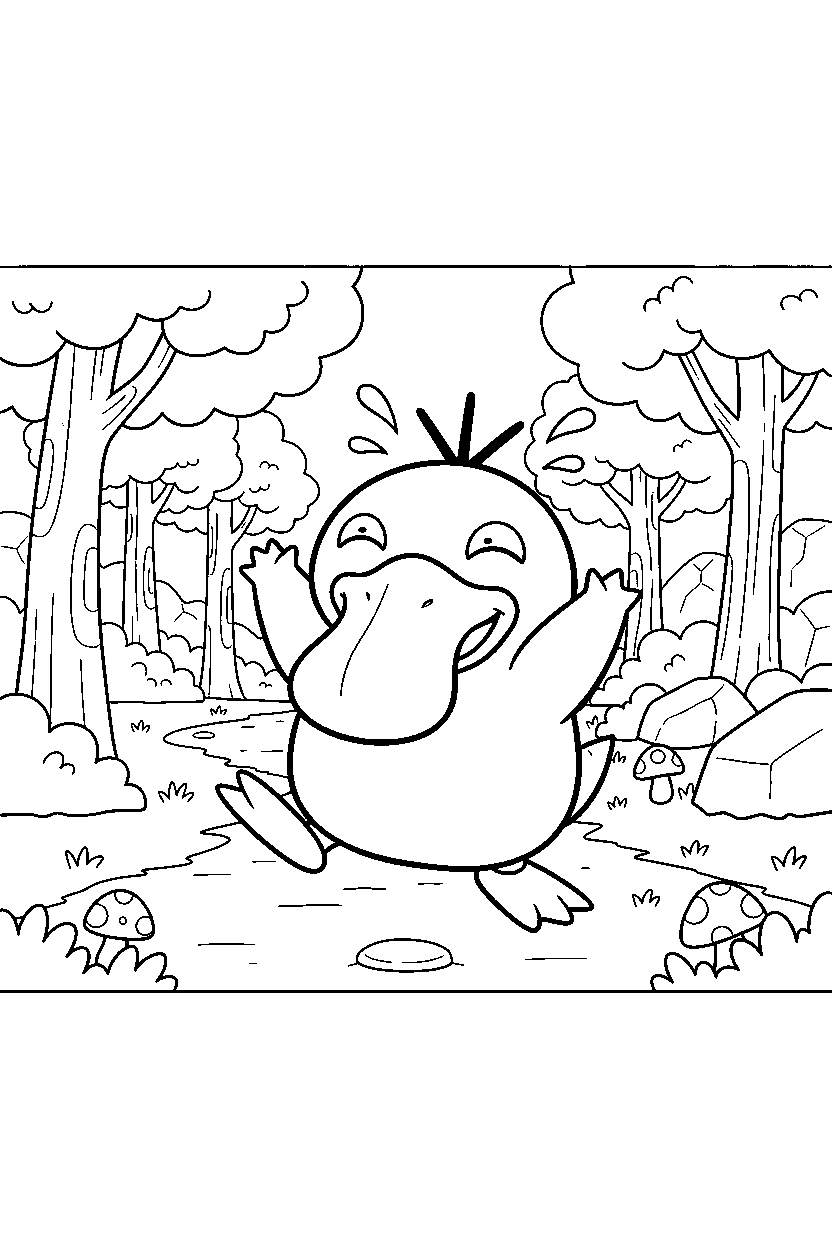 psyduck pokemon looking excited near a forest path line art