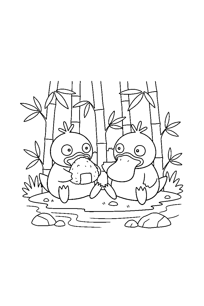psyduck pokemon sharing a snack in a bamboo forest line art