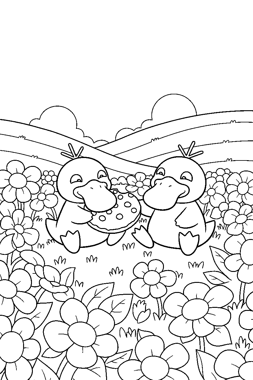 psyduck pokemon sharing a snack in a flower field line art